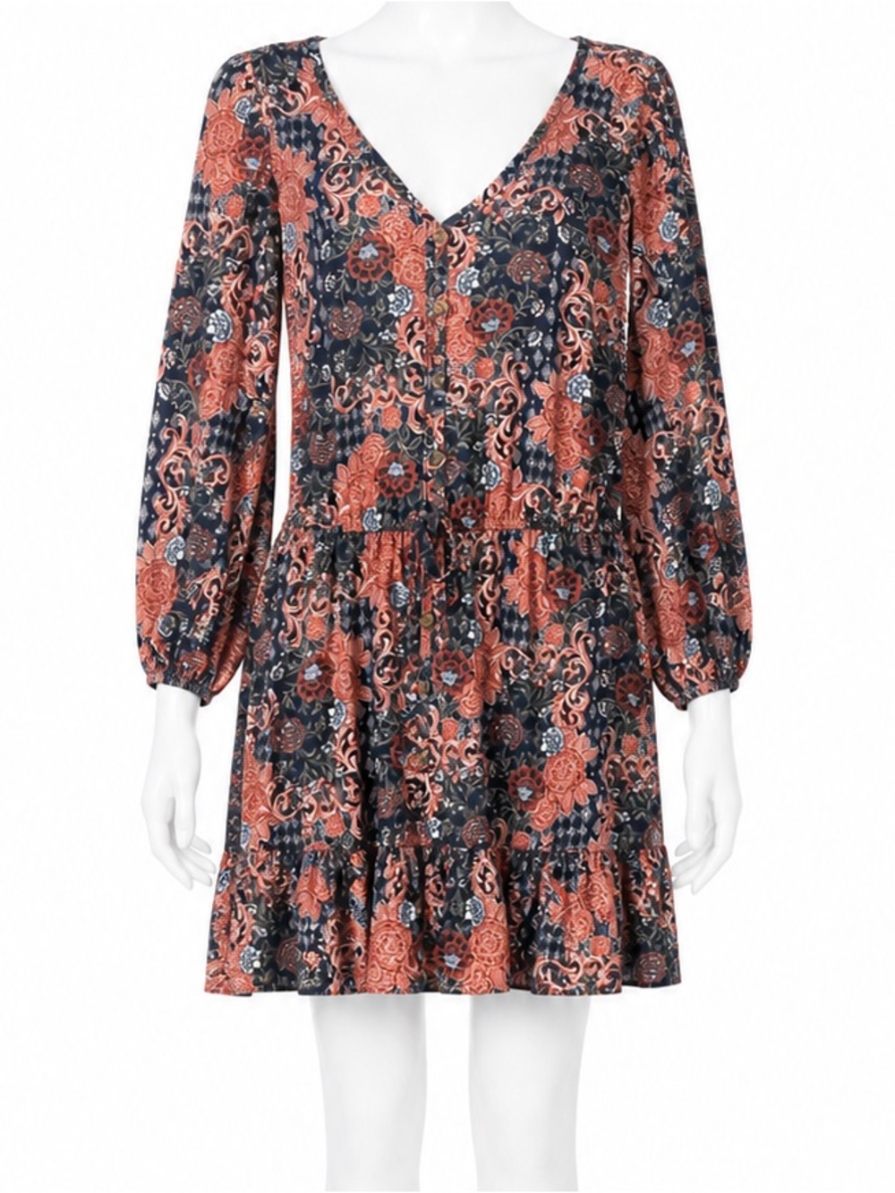 Madison + Hudson Floral V-Neck Long Sleeve Mini Dress - Coral & Navy size medium